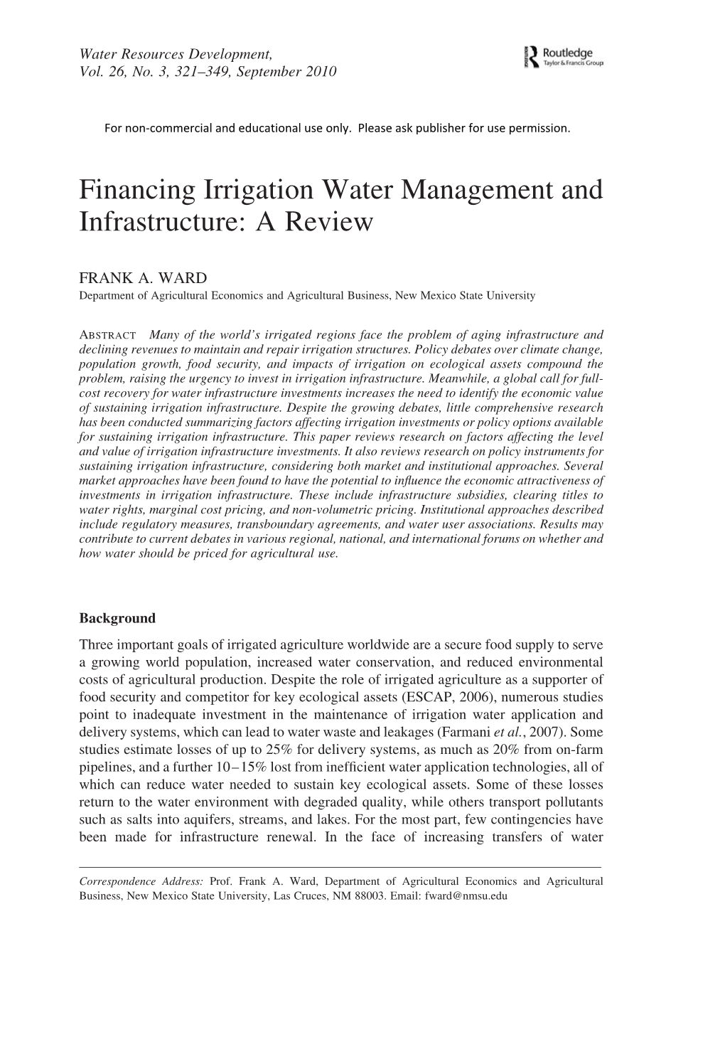 Financing Irrigation Water Management and Infrastructure: a Review