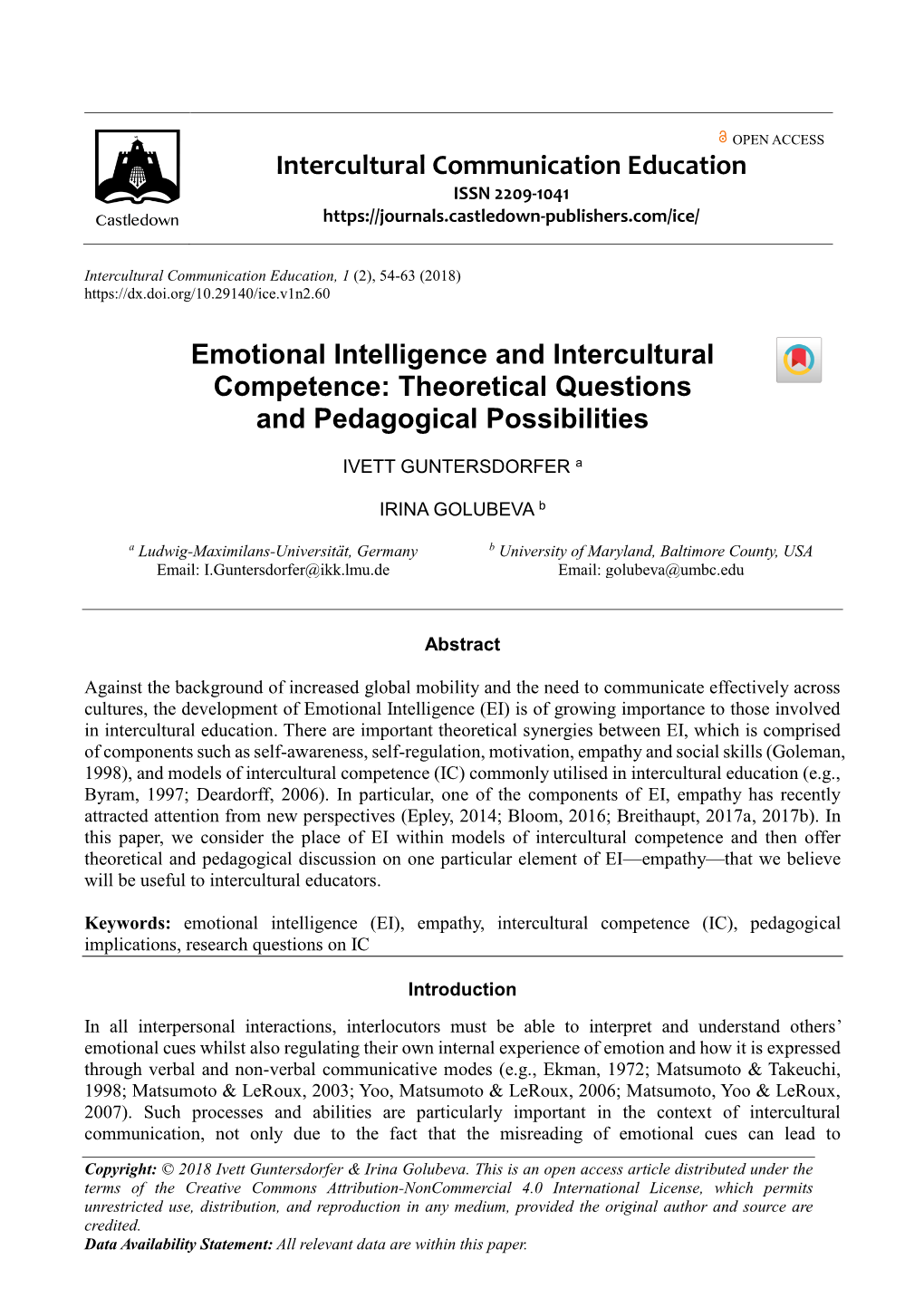 Emotional Intelligence and Intercultural Competence: Theoretical Questions and Pedagogical Possibilities