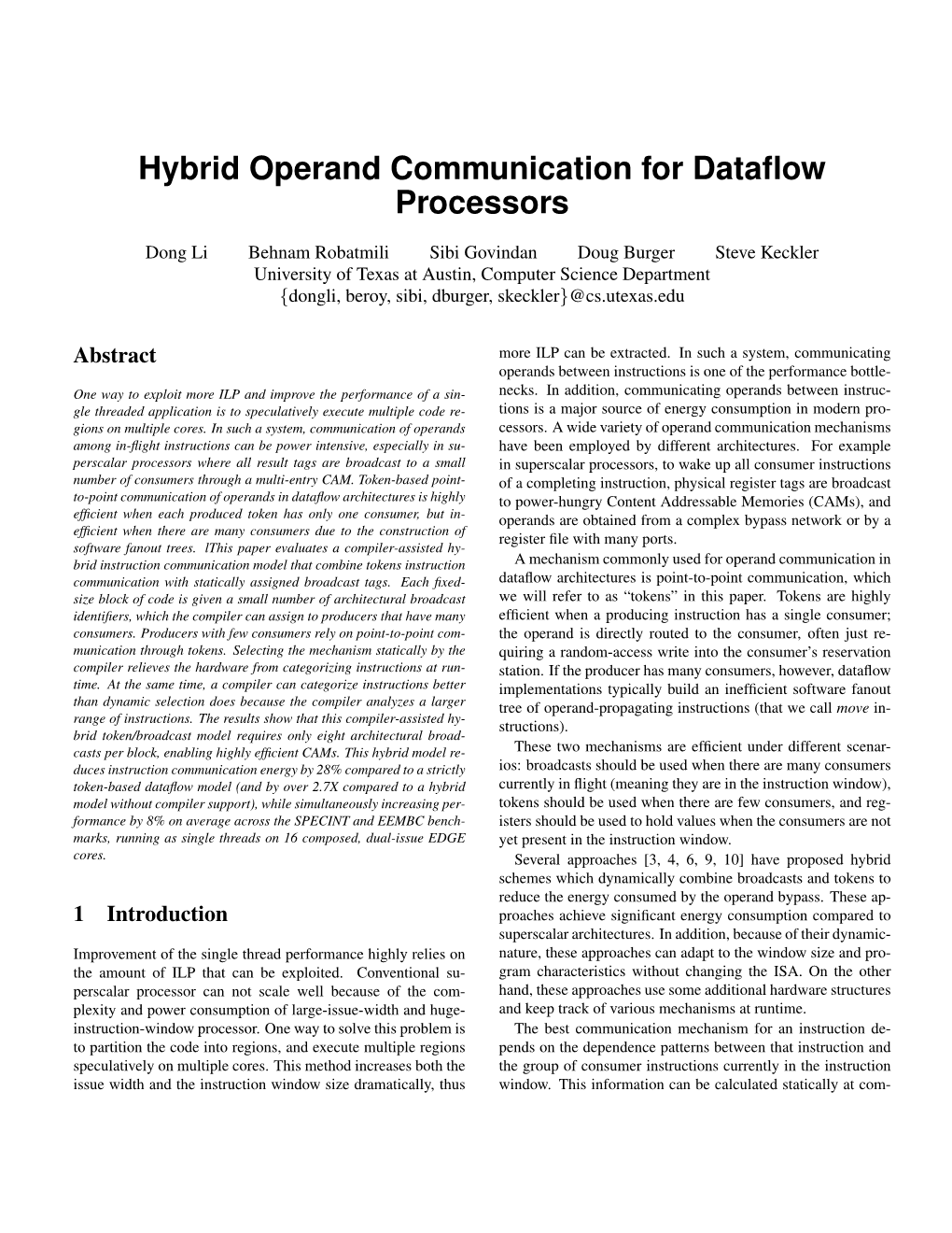 Hybrid Operand Communication for Dataflow Processors