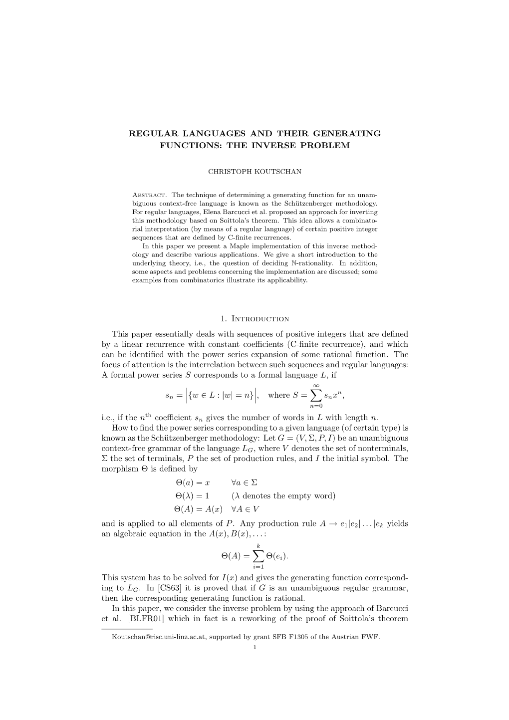 Regular Languages and Their Generating Functions: the Inverse Problem