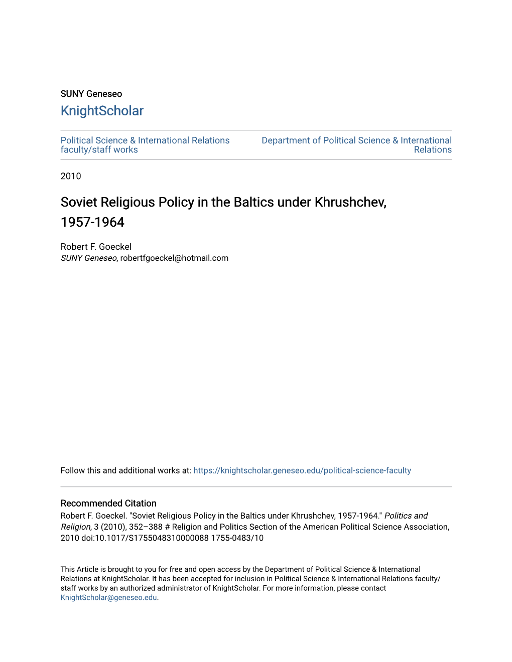 Soviet Religious Policy in the Baltics Under Khrushchev, 1957-1964