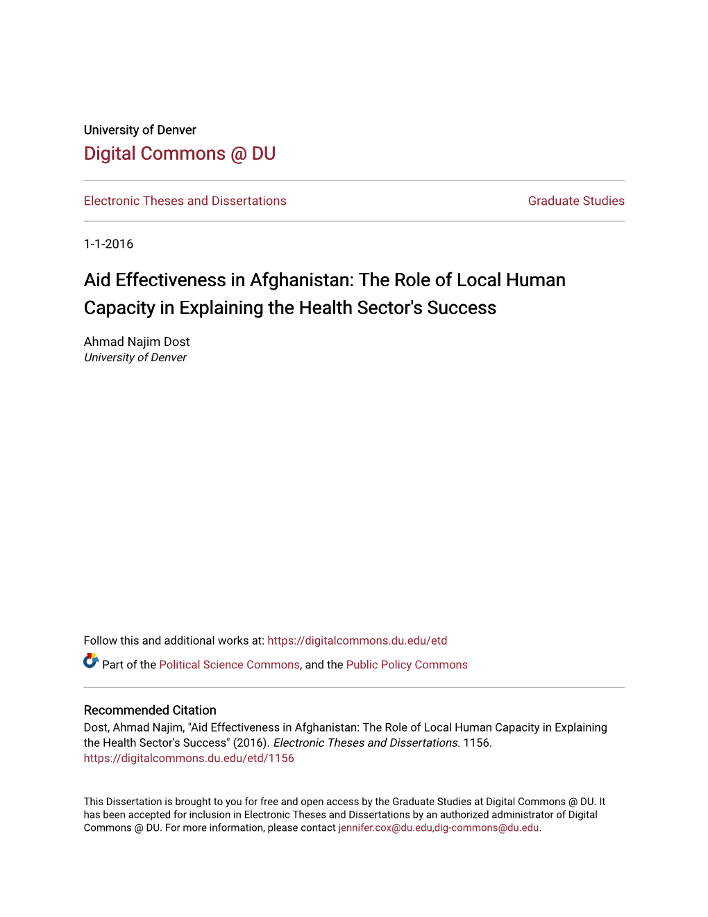 Aid Effectiveness in Afghanistan: the Role of Local Human Capacity in Explaining the Health Sector's Success