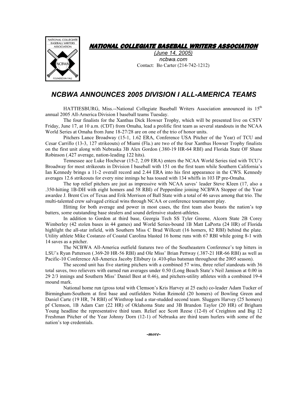 Ncbwa Announces 2005 Division I All-America Teams