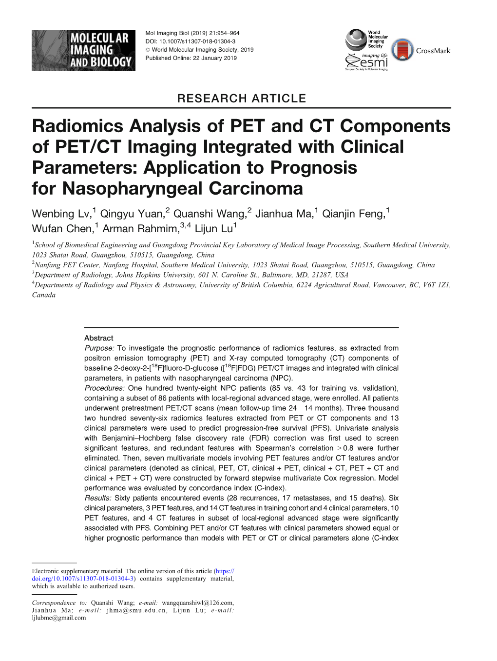 Radiomics Analysis of PET and CT Components of PET/CT Imaging Integrated with Clinical Parameters