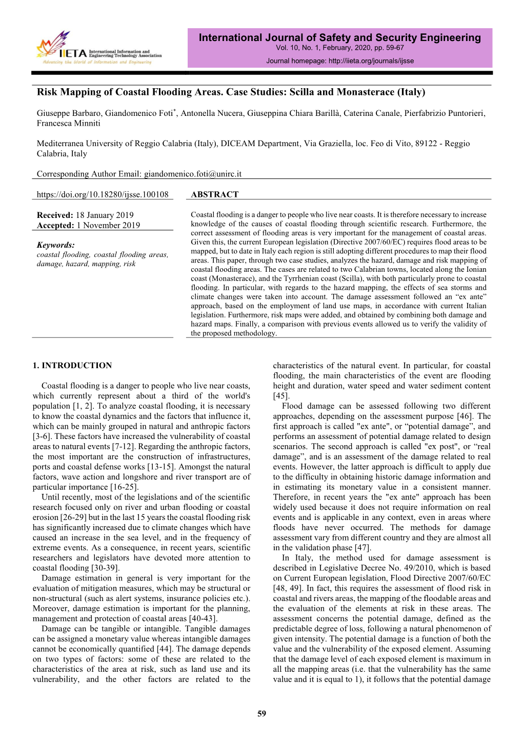 Risk Mapping of Coastal Flooding Areas. Case Studies: Scilla and Monasterace (Italy)