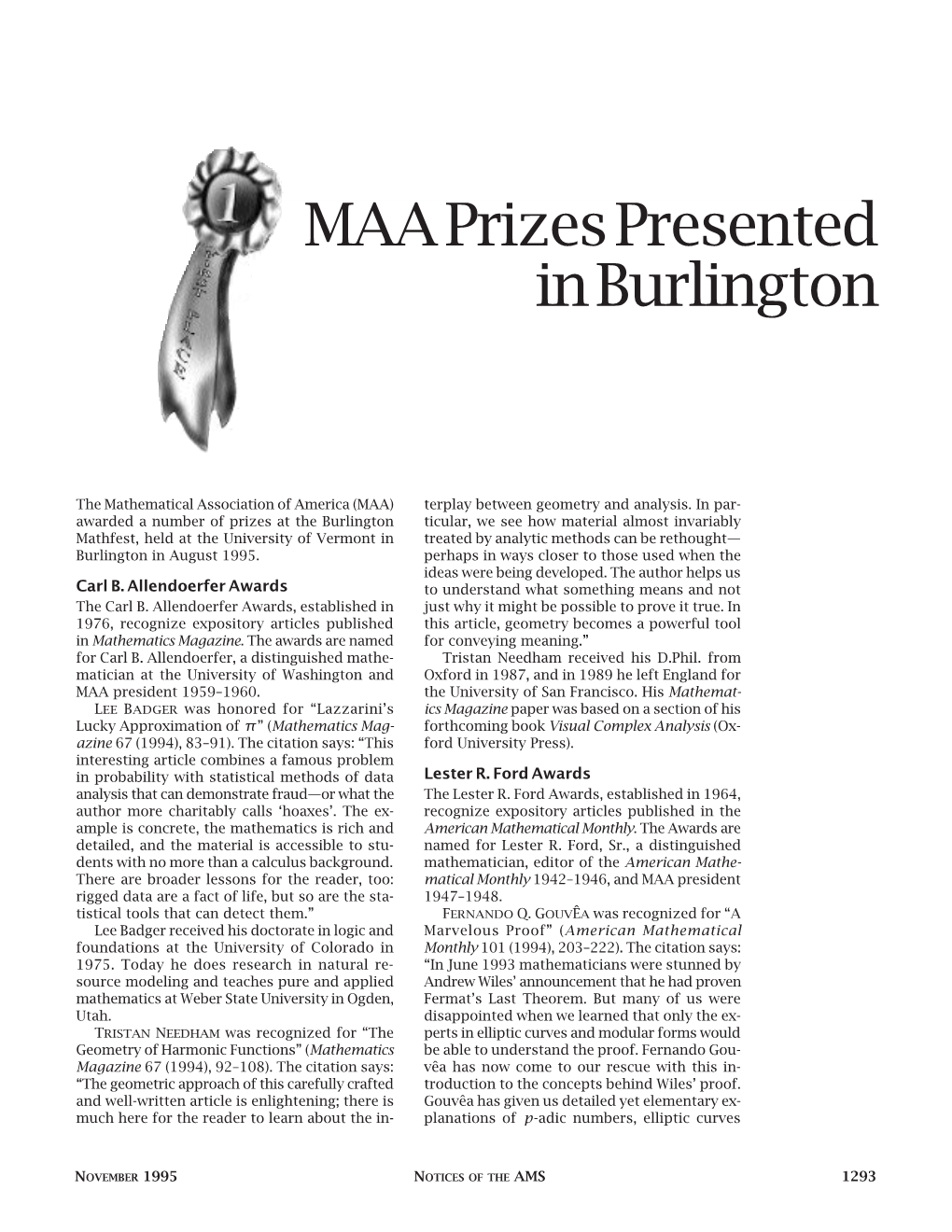 MAA Prizes Presented in Burlington