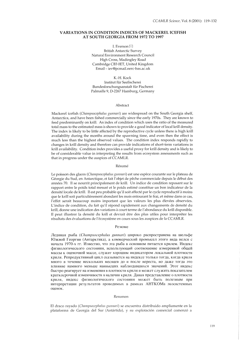 Variations in Condition Indices of Mackerel Icefish at South Georgia from 1972 to 1997