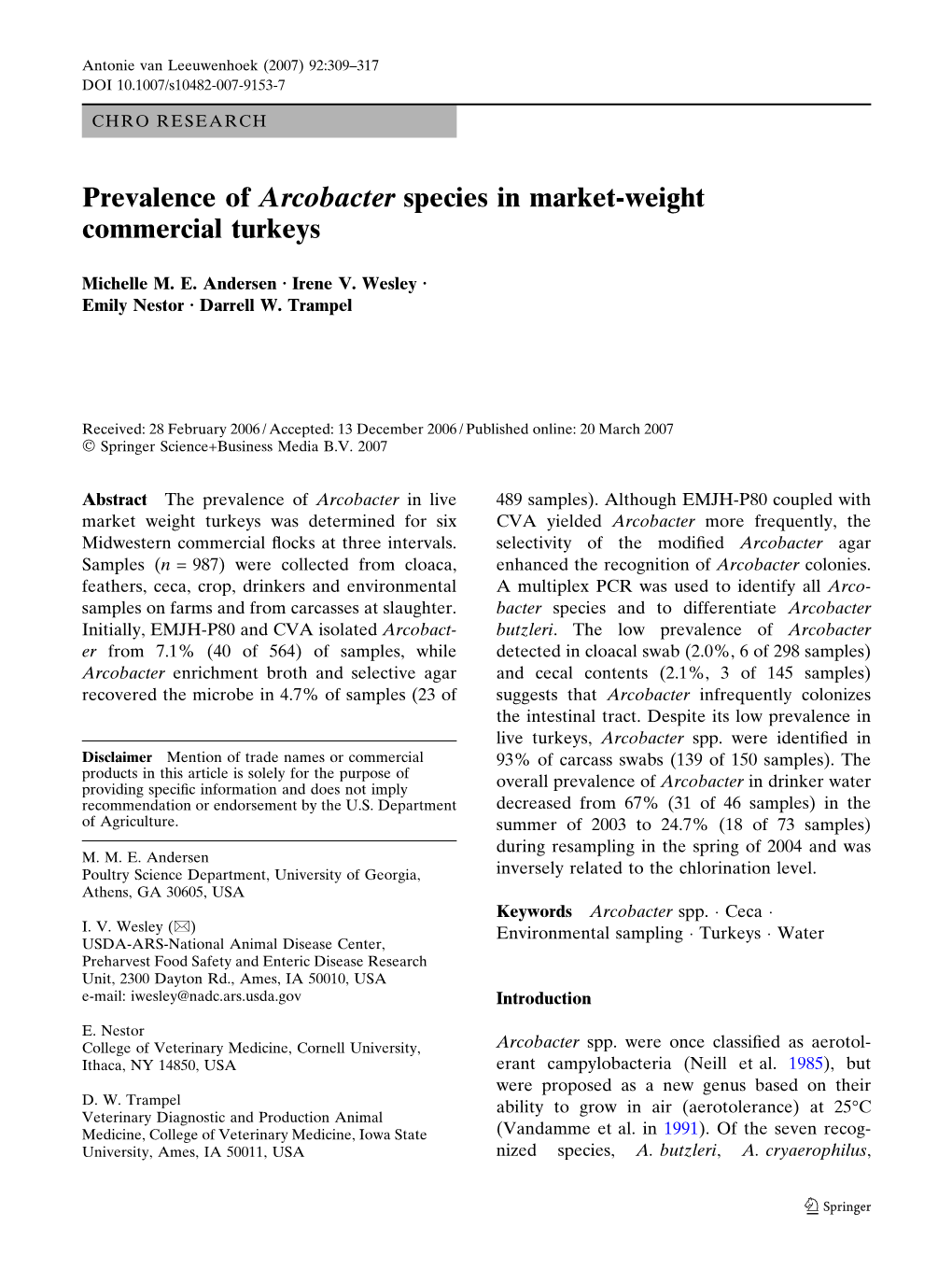 Prevalence of Arcobacter Species in Market-Weight Commercial Turkeys