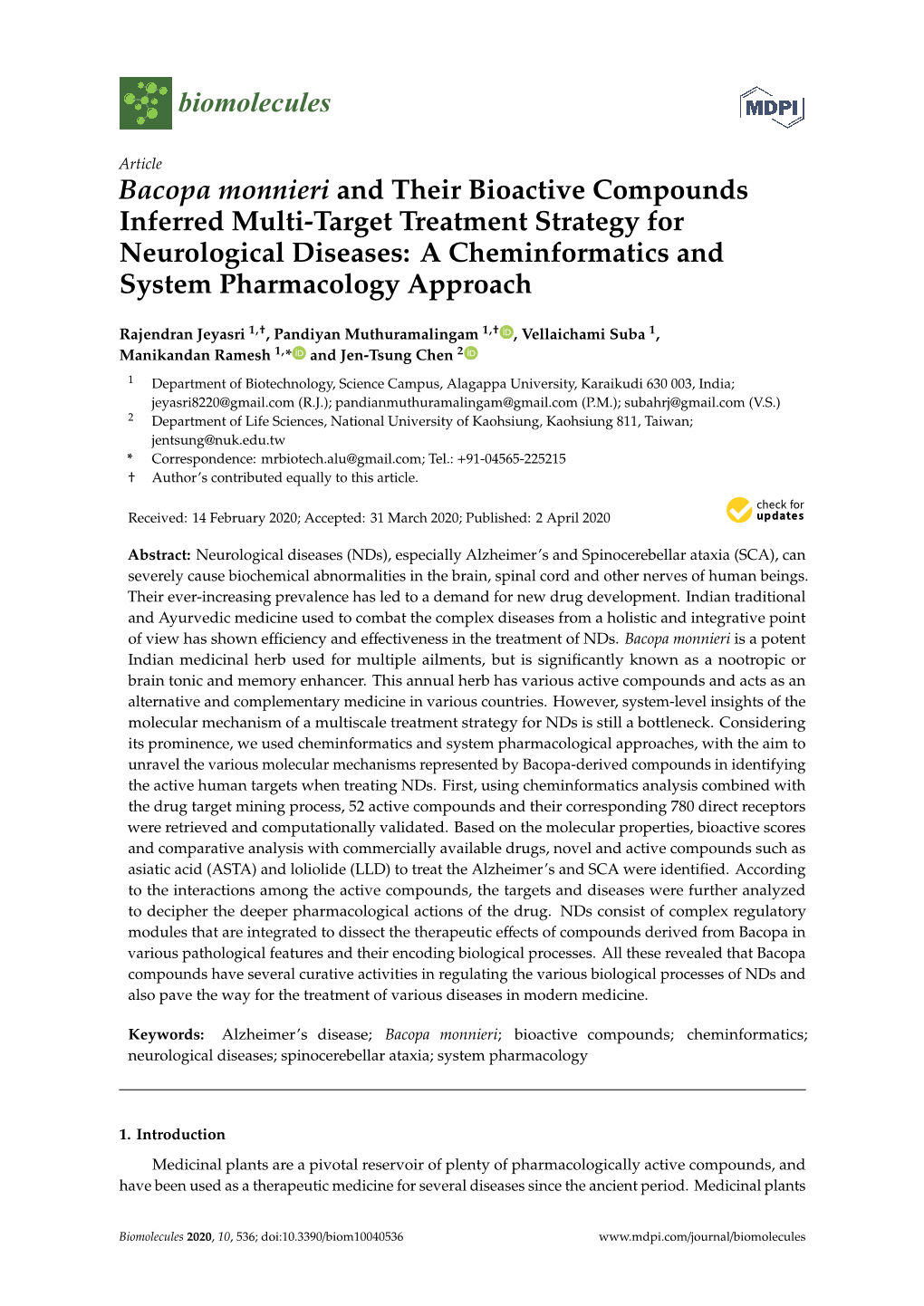 Bacopa Monnieri and Their Bioactive Compounds Inferred Multi-Target Treatment Strategy for Neurological Diseases: a Cheminformatics and System Pharmacology Approach