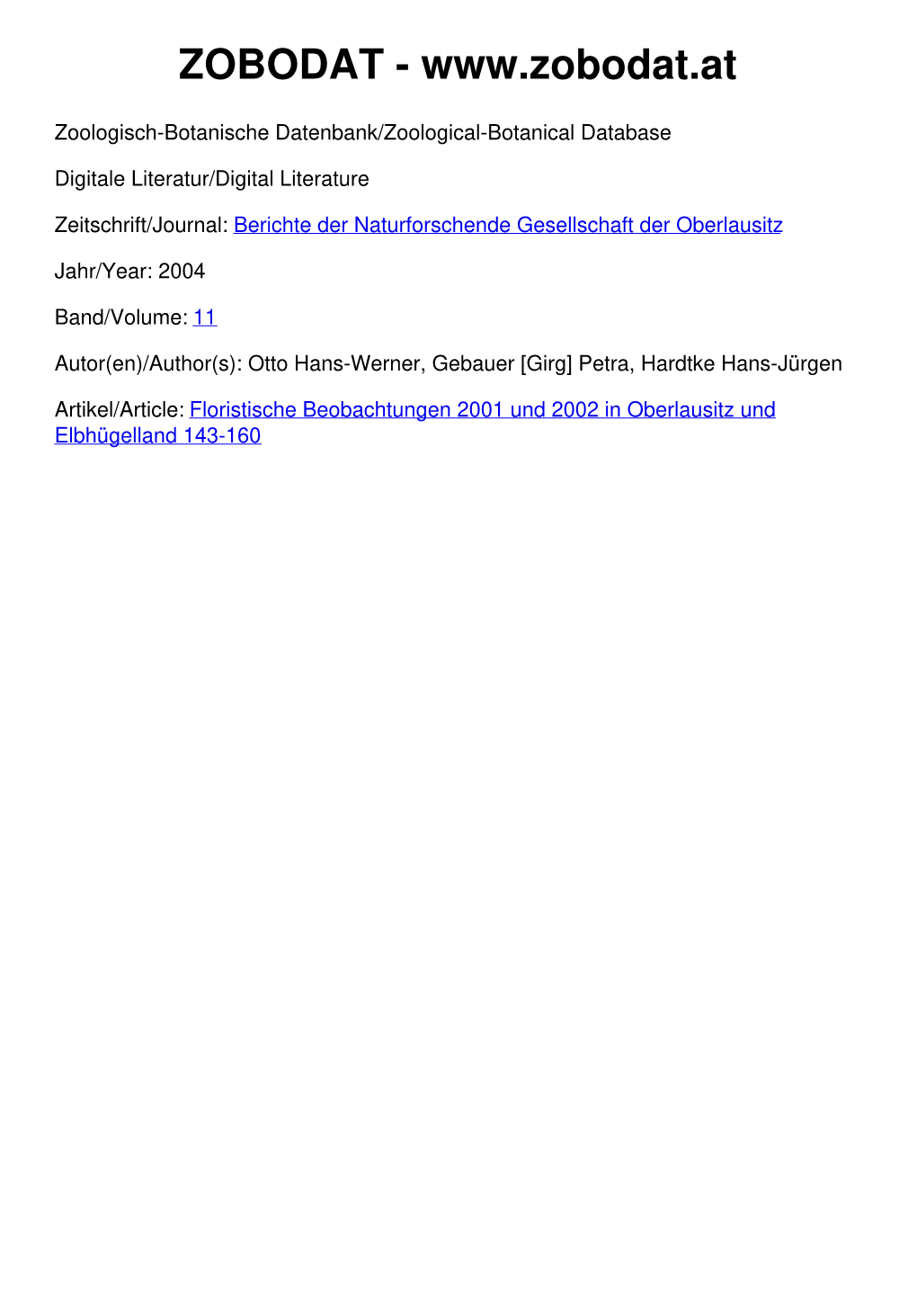 Floristische Beobachtungen 2001 Und 2002 in Oberlausitz Und Elbhügelland 143-160 © Naturforschende Gesellschaft Der Oberlausitz E.V