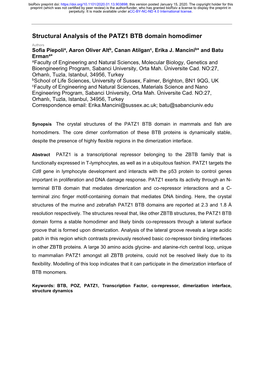 Structural Analysis of the PATZ1 BTB Domain Homodimer