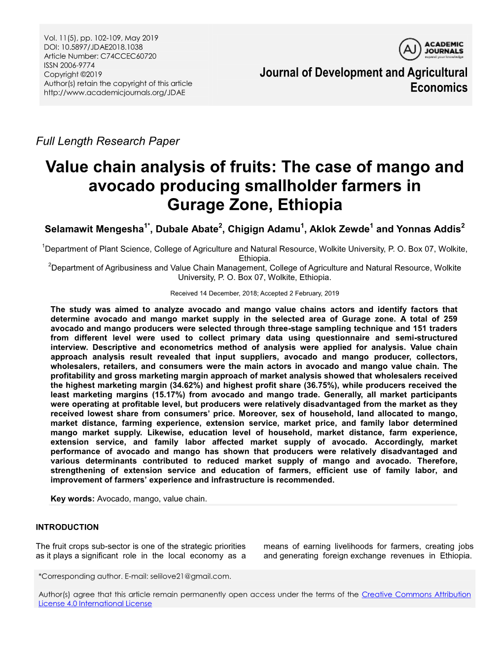 Value Chain Analysis of Fruits: the Case of Mango and Avocado Producing Smallholder Farmers in Gurage Zone, Ethiopia