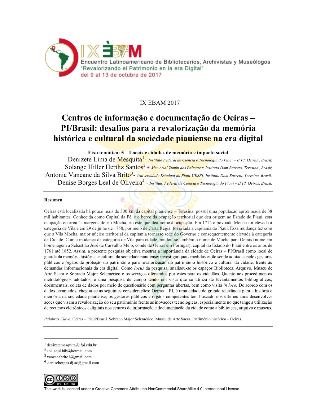 Centros De Informação E Documentação De Oeiras – PI/Brasil: Desafios Para a Revalorização Da Memória Histórica E Cultural Da Sociedade Piauiense Na Era Digital