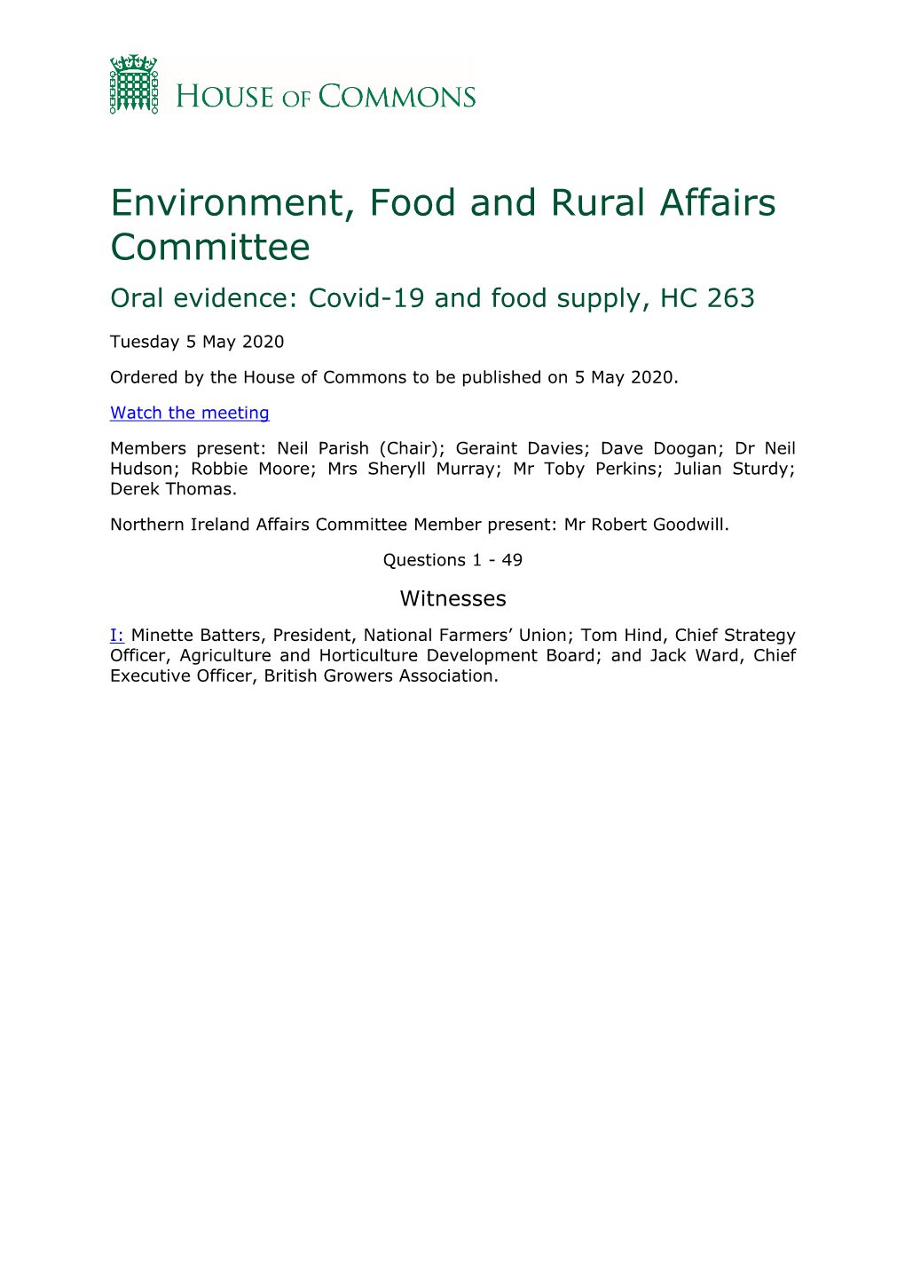 Environment, Food and Rural Affairs Committee Oral Evidence: Covid-19 and Food Supply, HC 263