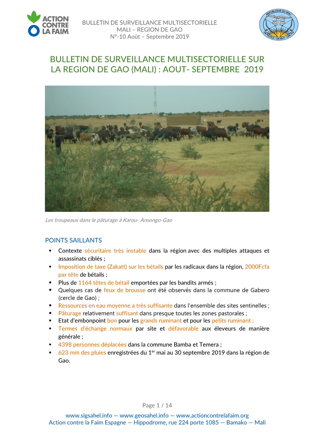 Bulletin De Surveillance Multisectorielle Sur La Region De Gao (Mali) : Aout- Septembre 2019