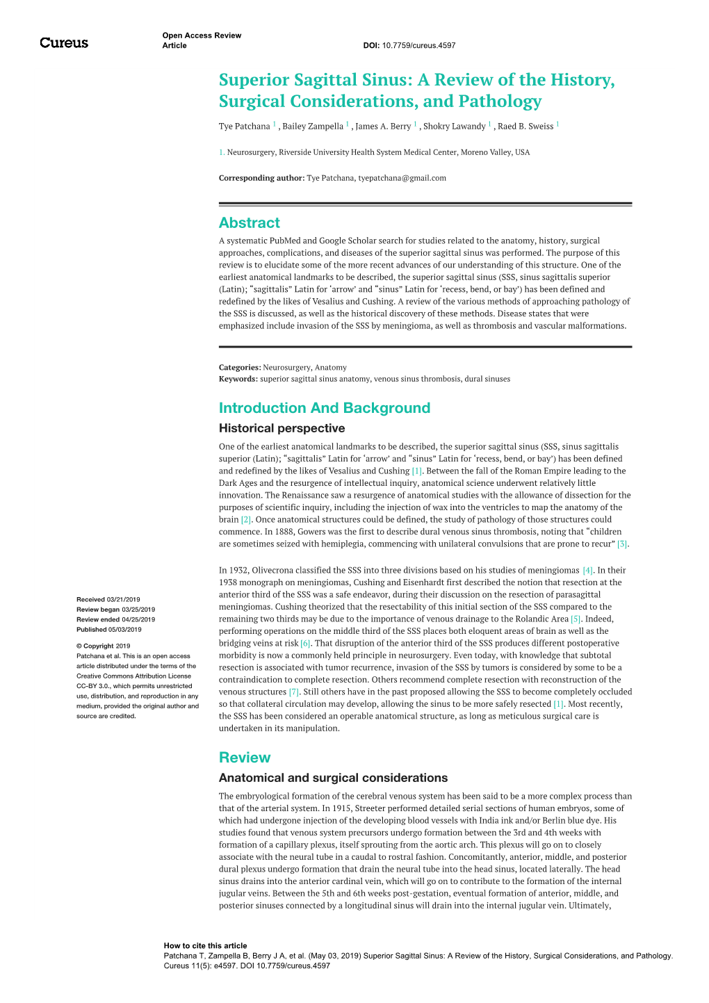 Superior Sagittal Sinus: a Review of the History, Surgical Considerations, and Pathology