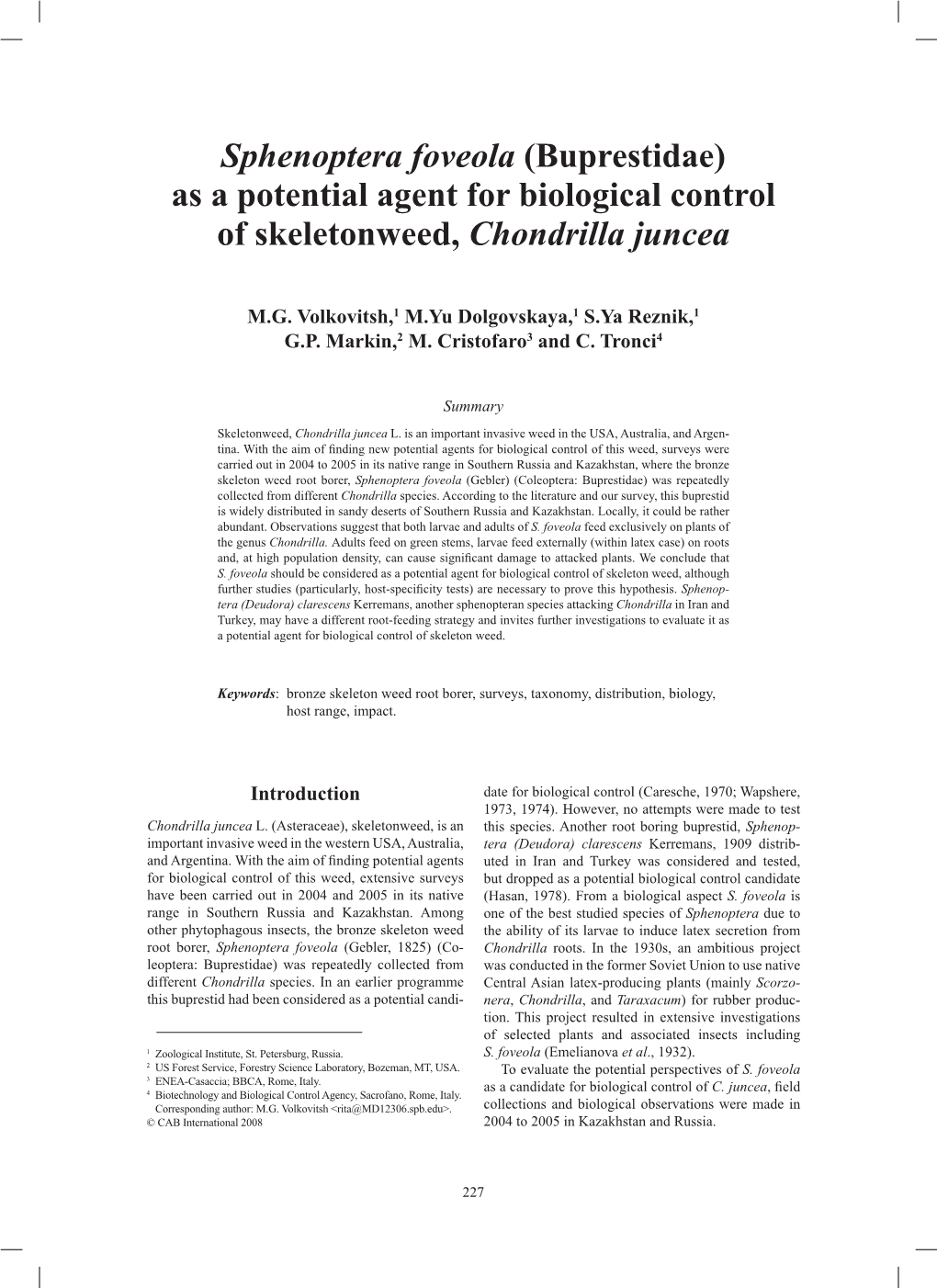 (Buprestidae) As a Potential Agent for Biological Control of Skeletonweed, Chondrilla Juncea
