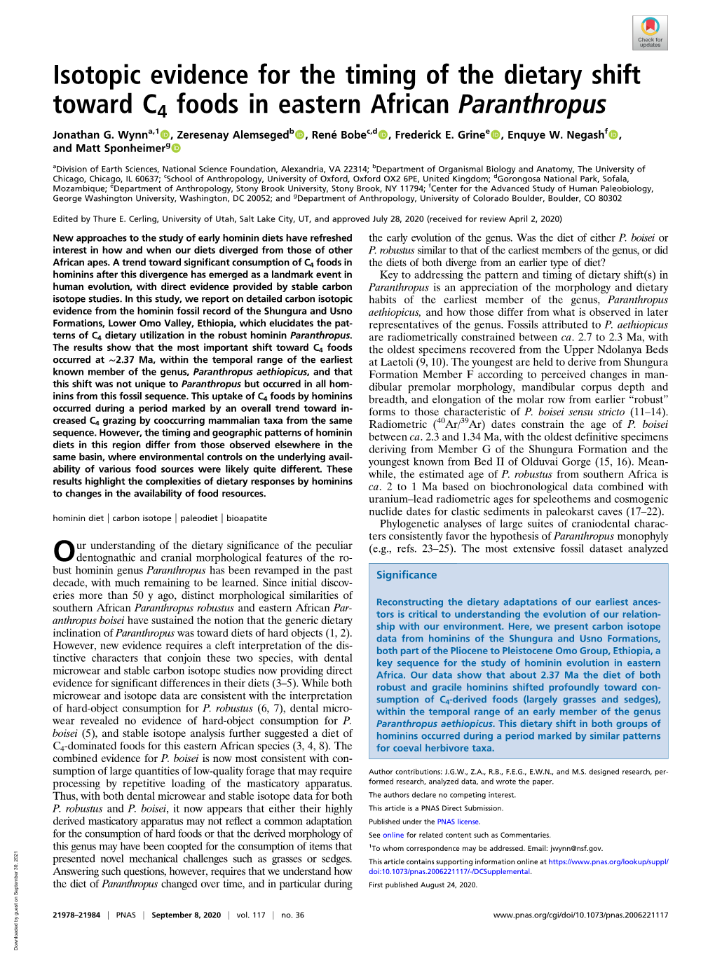 Isotopic Evidence for the Timing of the Dietary Shift Toward C4 Foods in Eastern African Paranthropus Jonathan G