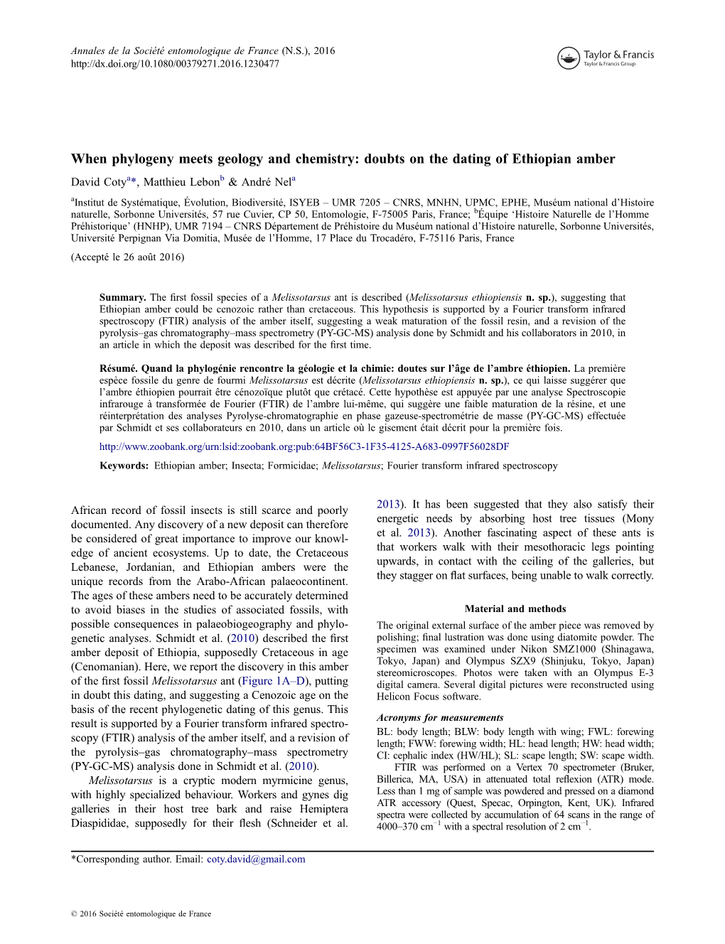 Doubts on the Dating of Ethiopian Amber