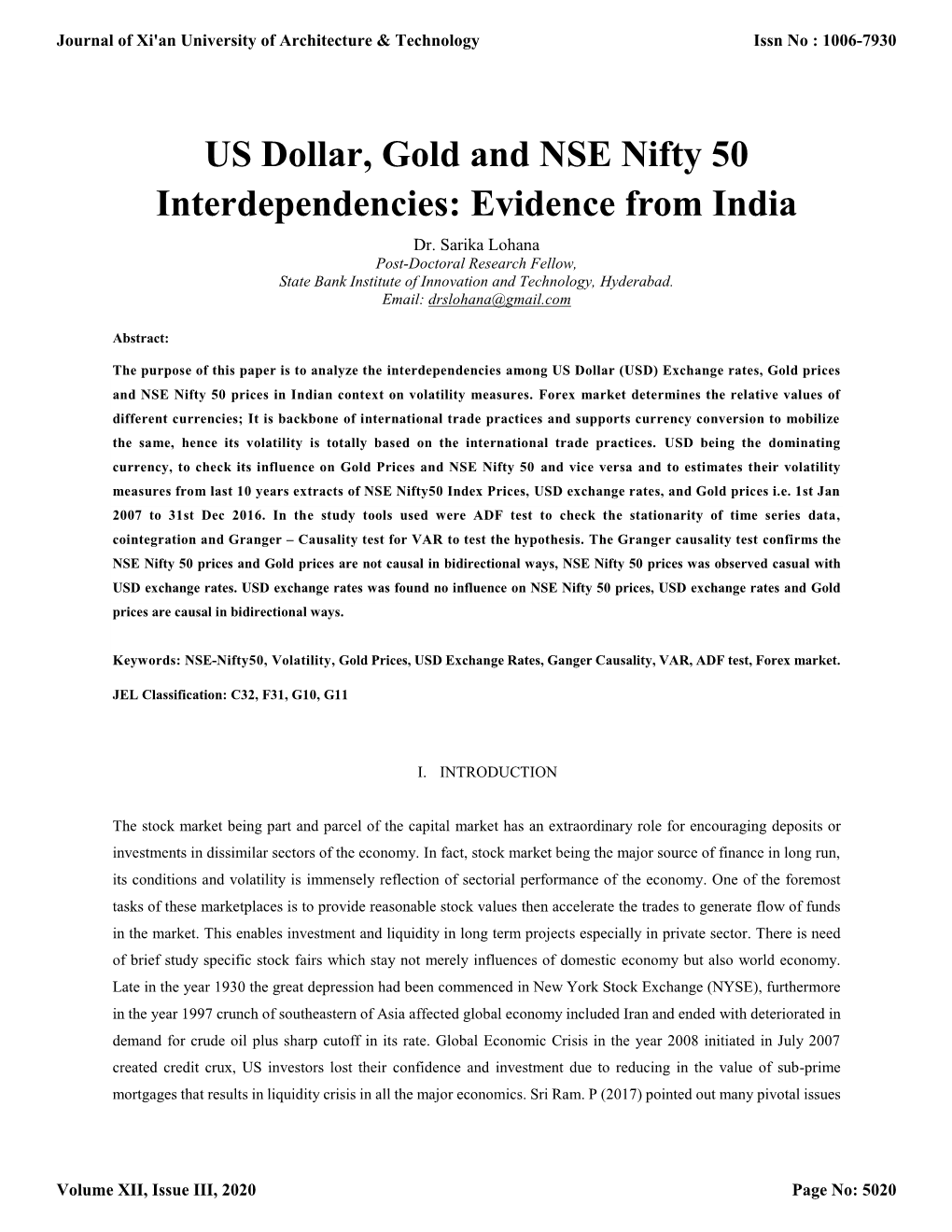 US Dollar, Gold and NSE Nifty 50 Interdependencies: Evidence from India Dr