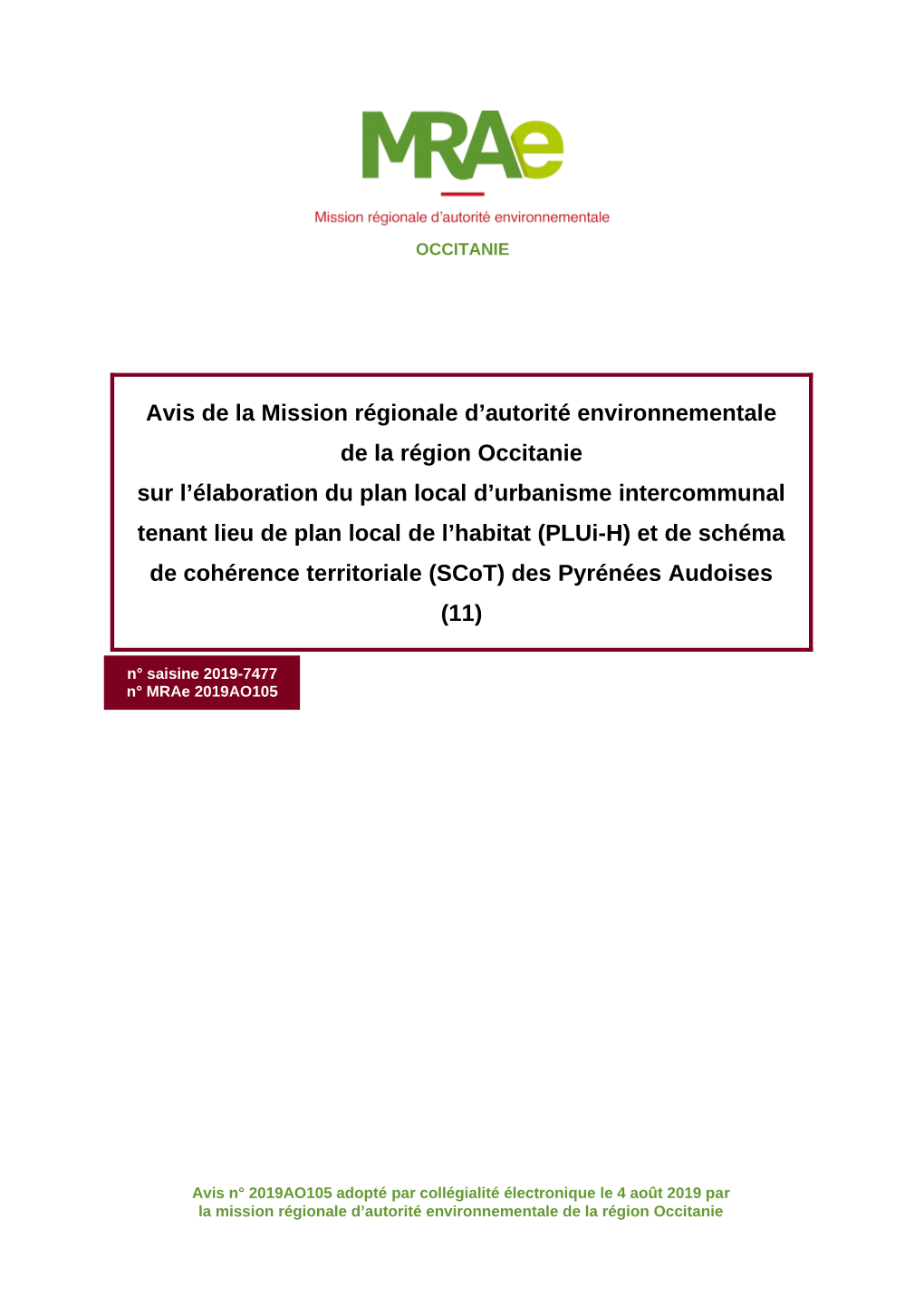 Avis De La Mission Régionale D'autorité Environnementale (Mrae) De La Région Occitanie