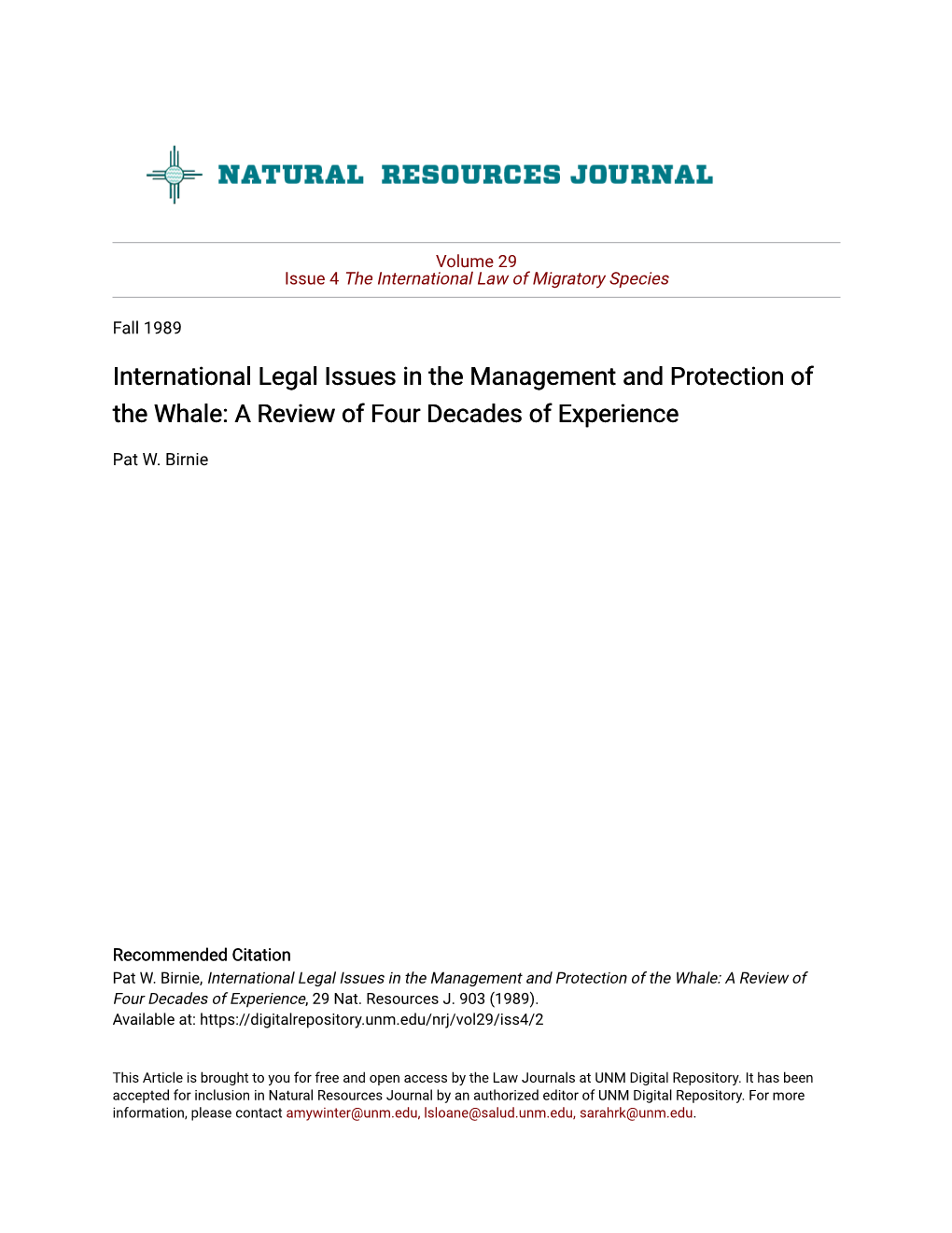 International Legal Issues in the Management and Protection of the Whale: a Review of Four Decades of Experience