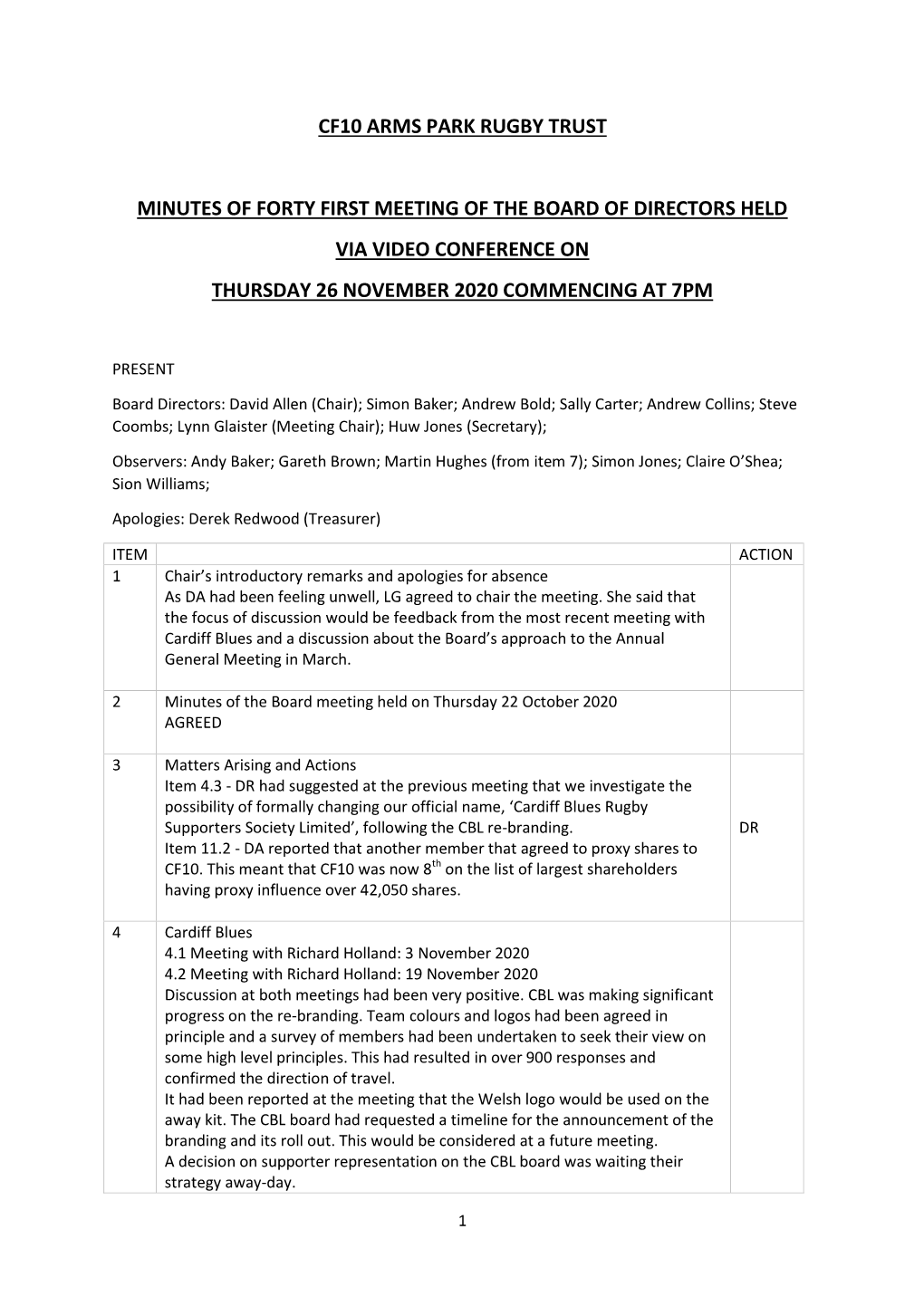 Cf10 Arms Park Rugby Trust Minutes of Forty First Meeting of the Board of Directors Held Via Video Conference on Thursday 26