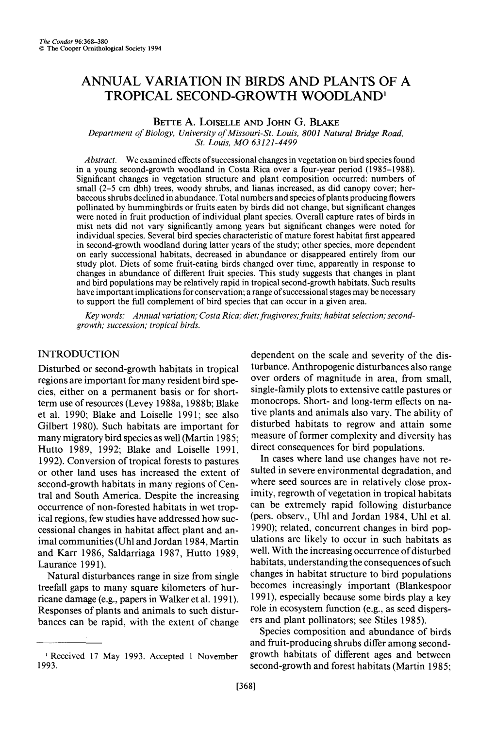 Annual Vairation in Birds and Plants of a Tropical Second-Growth Woodland