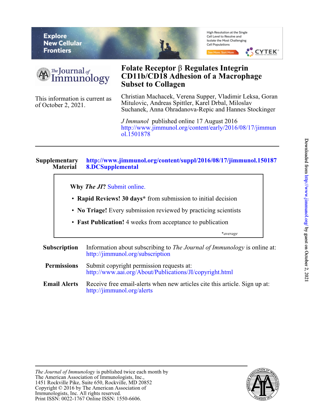 Folate Receptor Β Regulates Integrin Cd11b/CD18 Adhesion of a Macrophage Subset to Collagen