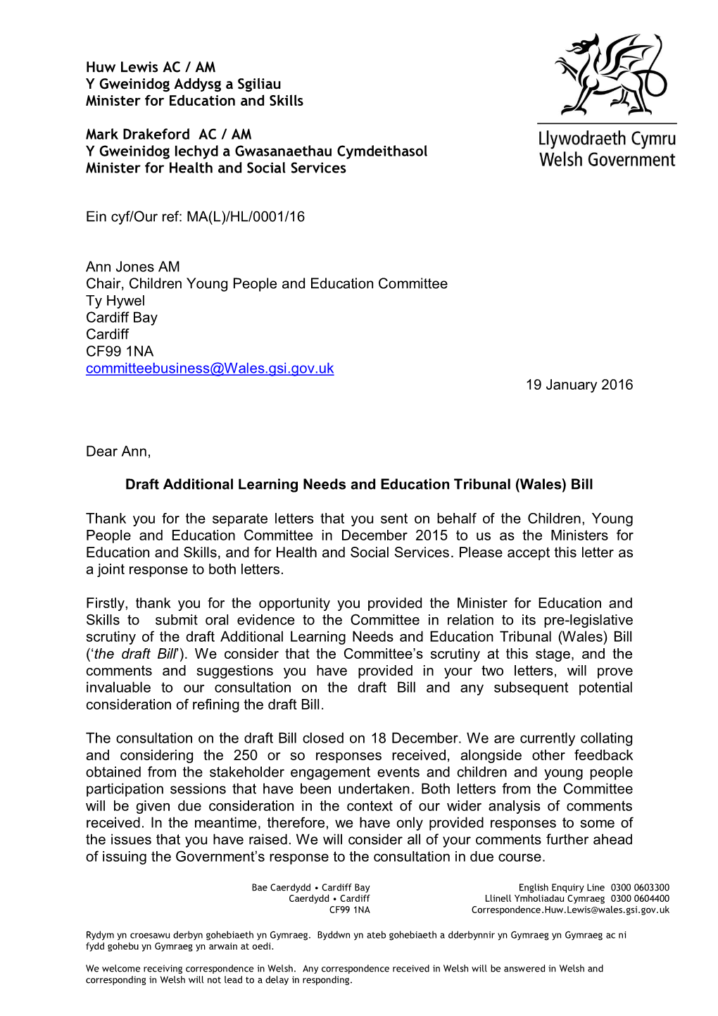Letter from the Minister for Education and Skills and the Minister For
