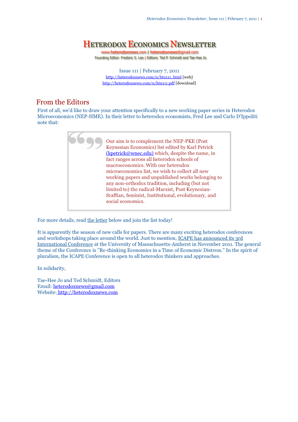 From the Editors First of All, We'd Like to Draw Your Attention Specifically to a New Working Paper Series in Heterodox Microeconomics (NEP-HME)