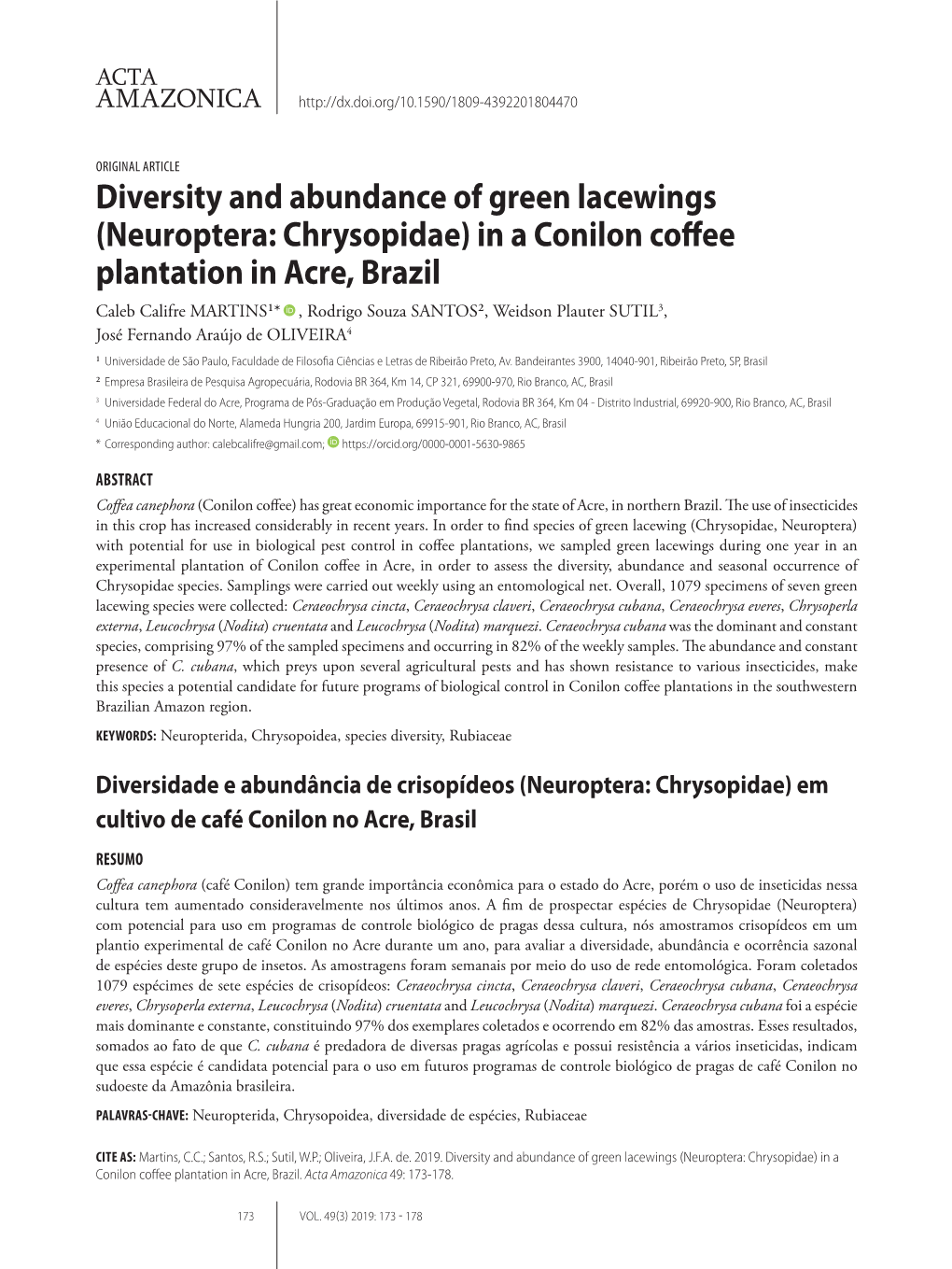 Diversity and Abundance of Green Lacewings (Neuroptera: Chrysopidae)