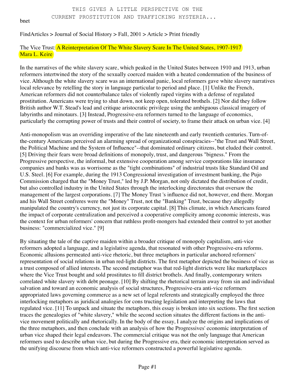 A Reinterpretation of the White Slavery Scare in the United States, 1907-1917 Mara L