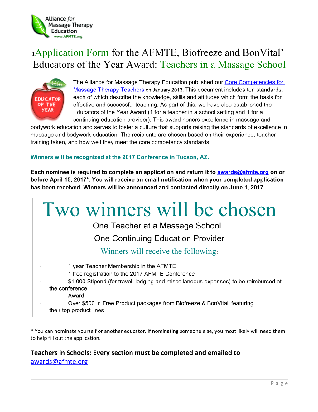 Application Form for the AFMTE, Biofreeze and Bonvital Educators of the Year Award: Teachers