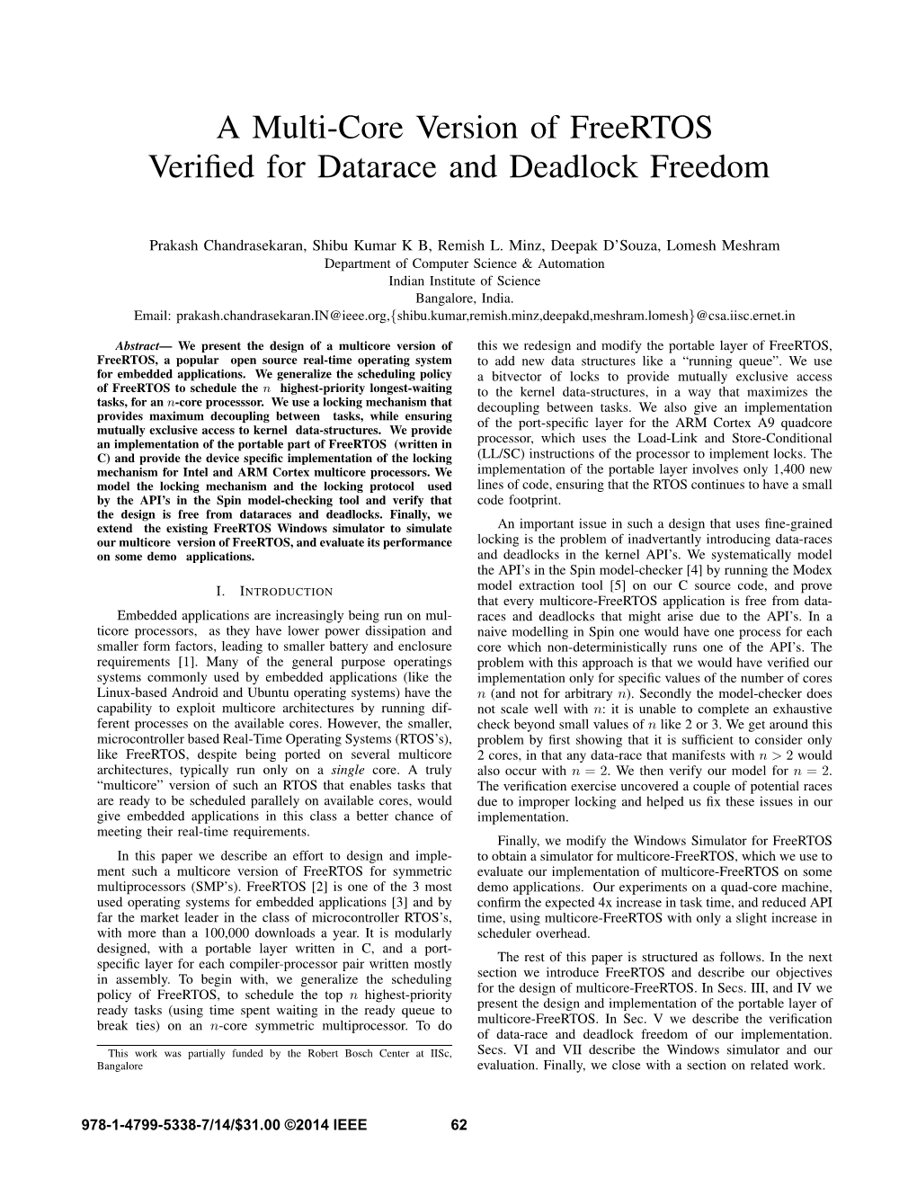 A Multi-Core Version of Freertos Verified for Datarace and Deadlock