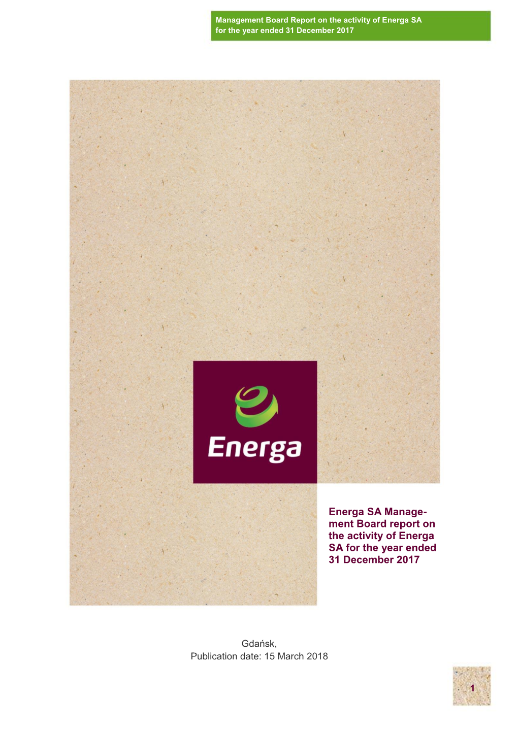 Energa SA Manage- Ment Board Report on the Activity of Energa SA for the Year Ended 31 December 2017