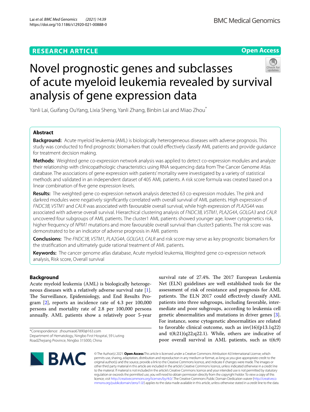 Novel Prognostic Genes and Subclasses of Acute Myeloid