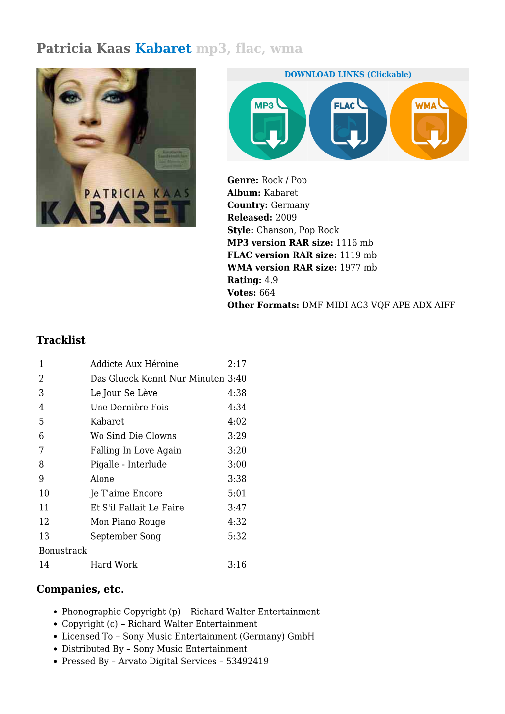 Patricia Kaas Kabaret Mp3, Flac, Wma