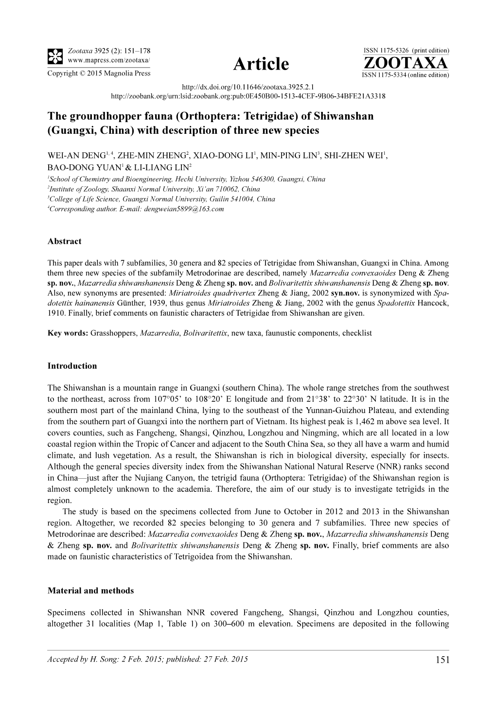 The Groundhopper Fauna (Orthoptera: Tetrigidae) of Shiwanshan (Guangxi, China) with Description of Three New Species