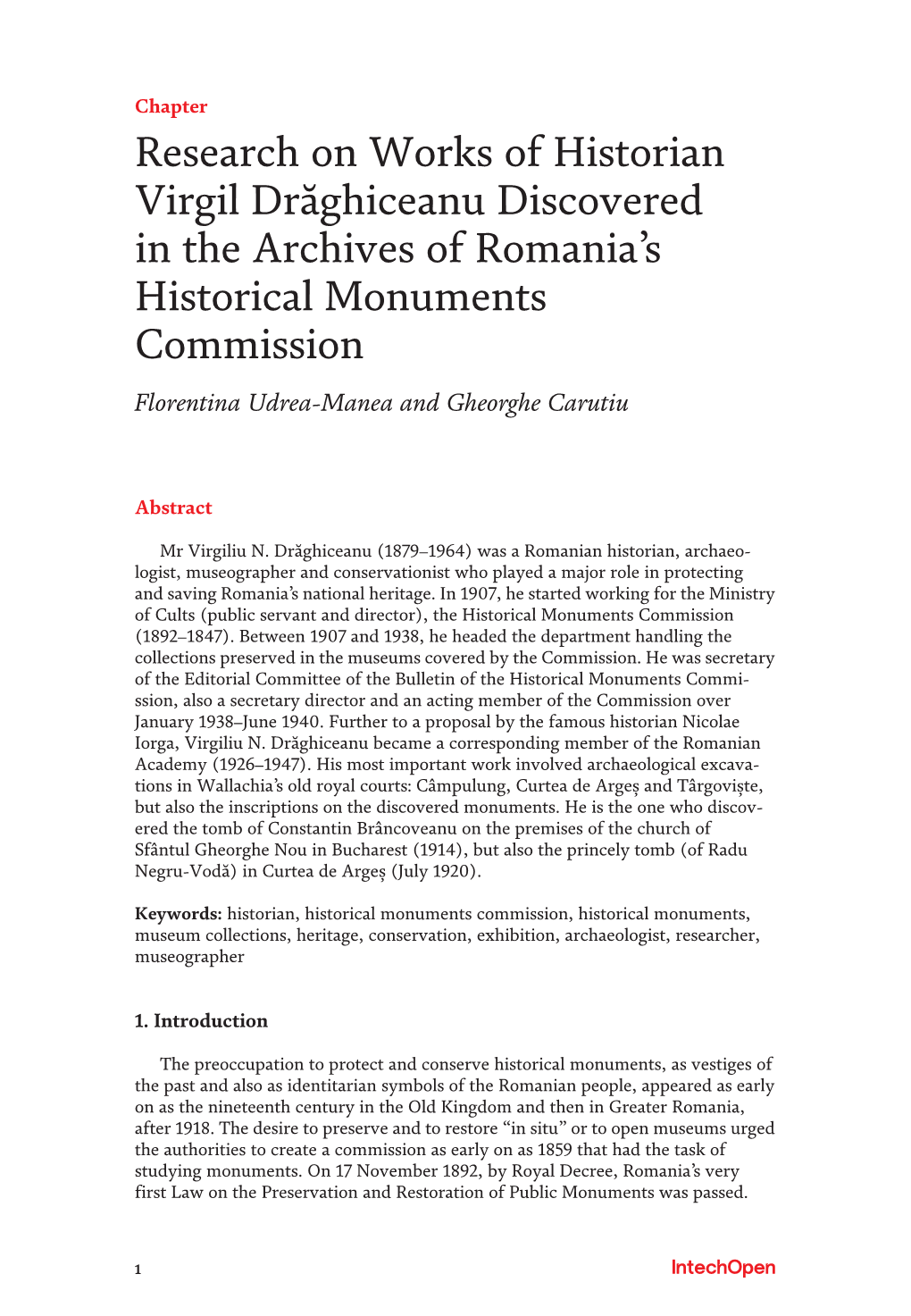 Research on Works of Historian Virgil Drăghiceanu Discovered in the Archives of Romania’S Historical Monuments Commission Florentina Udrea-Manea and Gheorghe Carutiu