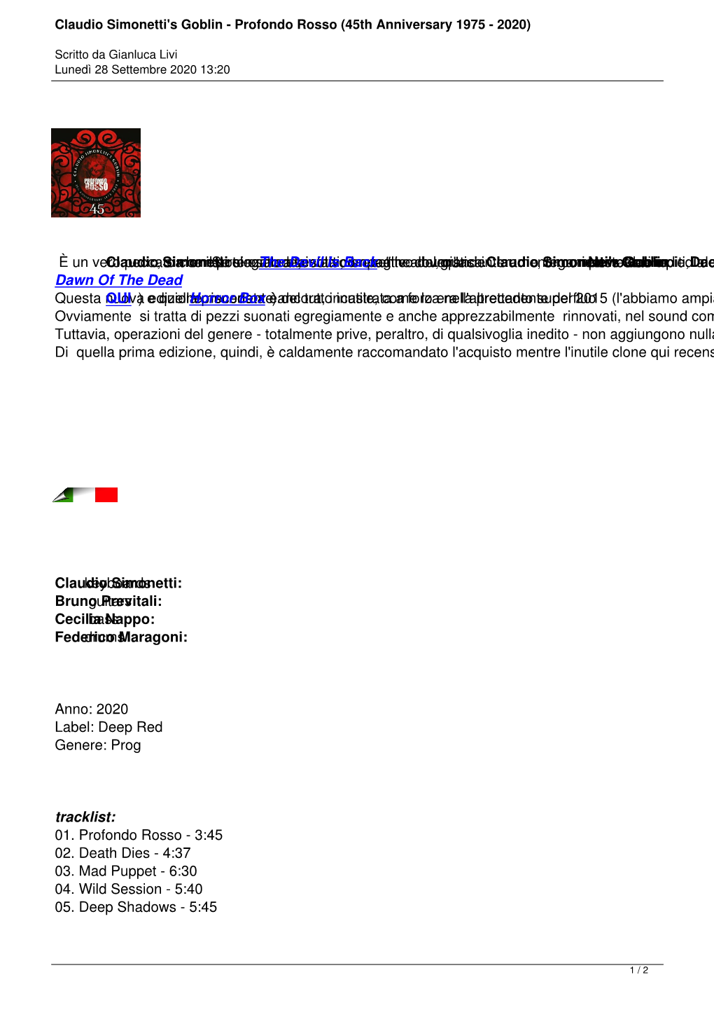 Claudio Simonetti's Goblin - Profondo Rosso (45Th Anniversary 1975 - 2020)