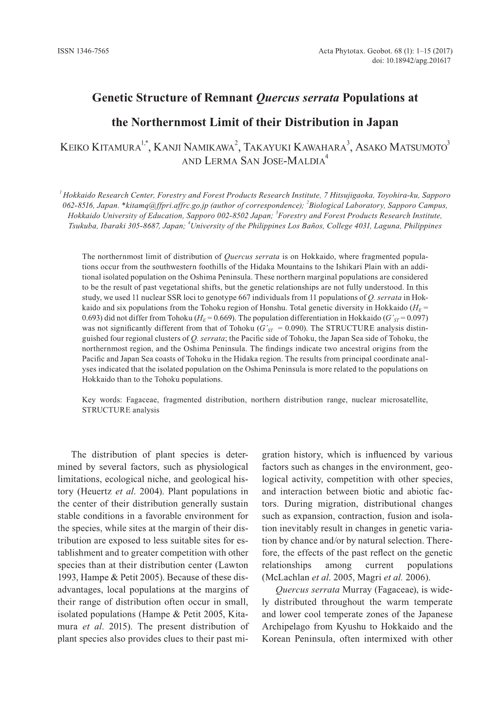 Genetic Structure of Remnant Quercus Serrata Populations at The