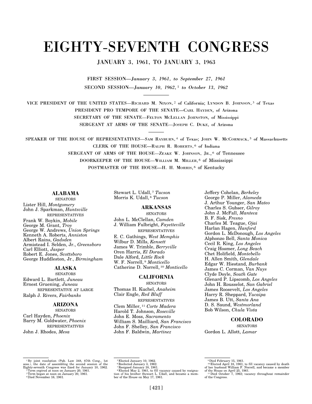 Eighty-Seventh Congress January 3, 1961, to January 3, 1963
