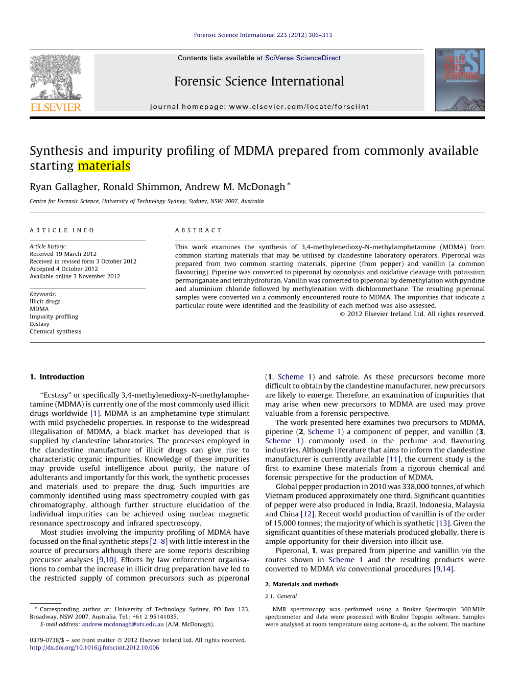 Synthesis and Impurity Profiling of MDMA Prepared from Commonly