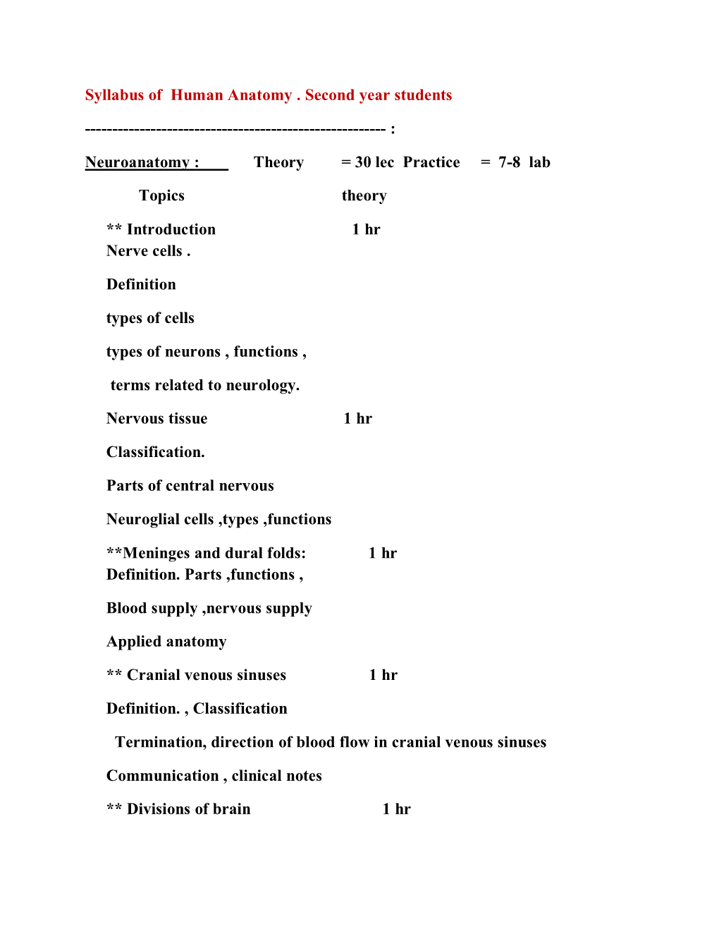 Syllabus of Human Anatomy . Second Year Students