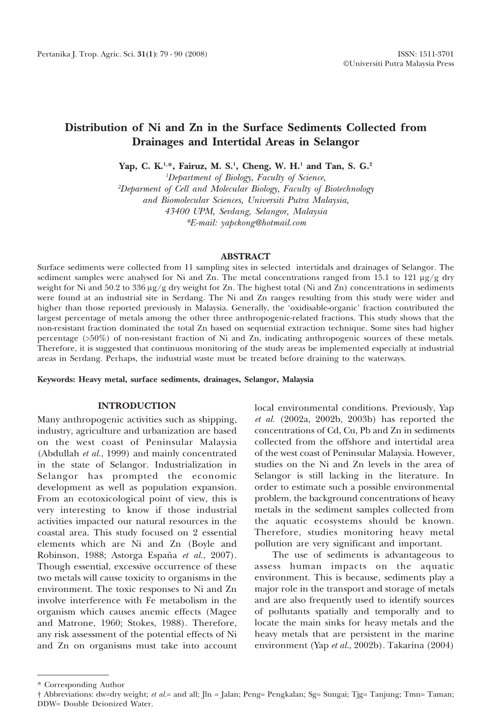 Distribution of Ni and Zn in the Surface Sediments Collected from Drainages and Intertidal Areas in Selangor