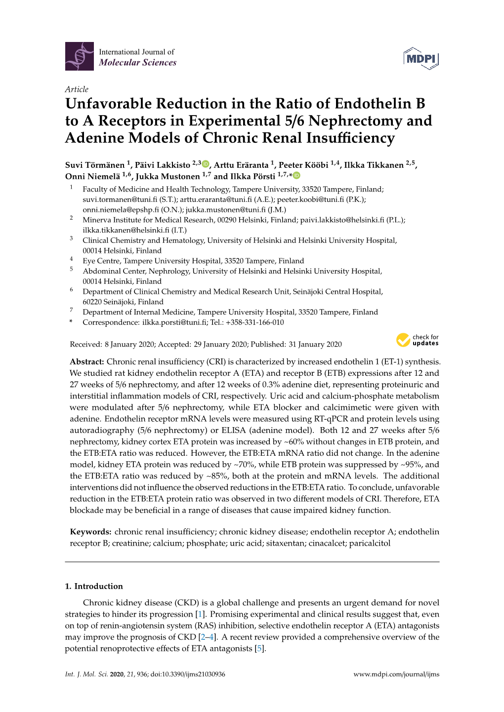 Unfavorable Reduction in the Ratio of Endothelin B to a Receptors in Experimental 5/6 Nephrectomy and Adenine Models of Chronic Renal Insuﬃciency