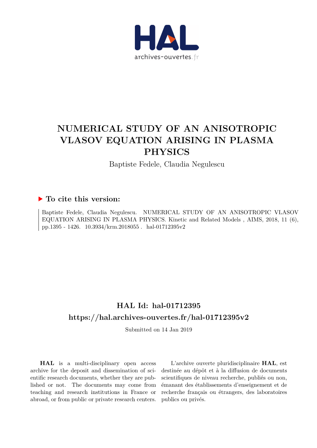 NUMERICAL STUDY of an ANISOTROPIC VLASOV EQUATION ARISING in PLASMA PHYSICS Baptiste Fedele, Claudia Negulescu