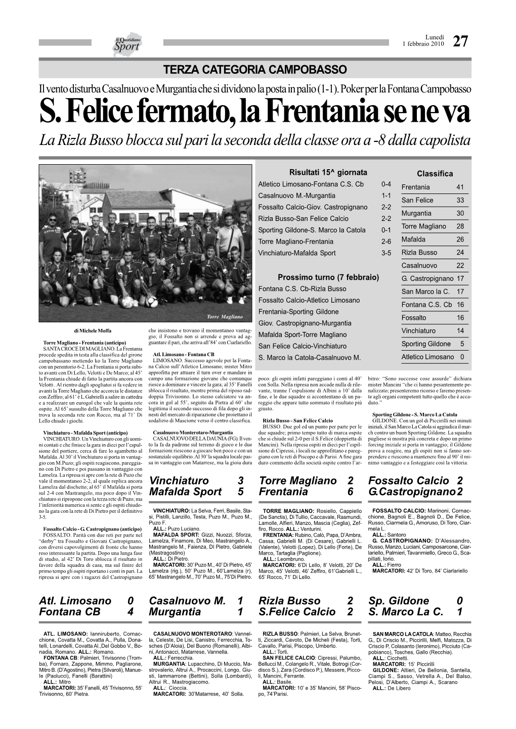 S. Felice Fermato, La Frentania Se Ne Va La Rizla Busso Blocca Sul Pari La Seconda Della Classe Ora a -8 Dalla Capolista