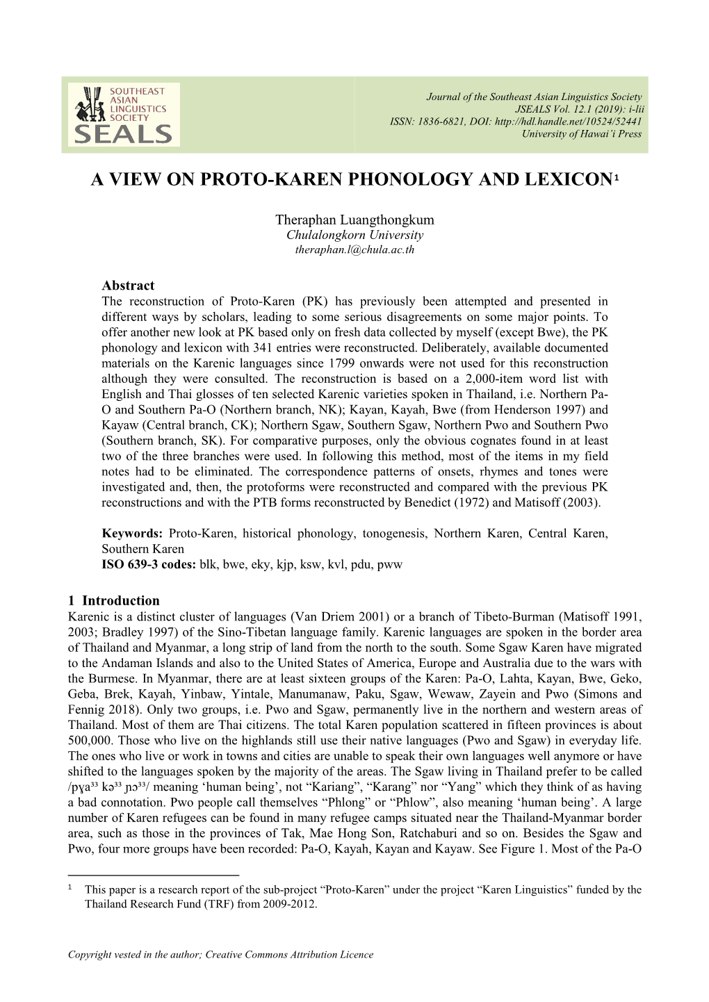 A View on Proto-Karen Phonology and Lexicon1